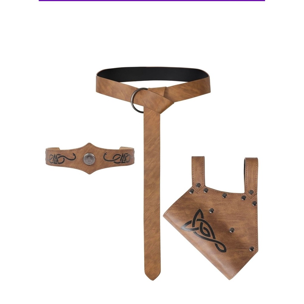 Brown Faux Leather Celtic Knot Headband Belt Pouch‎ Set Costume Accessory